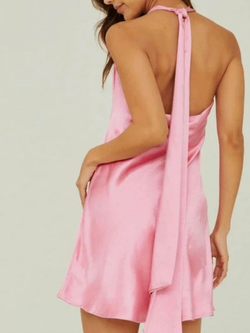 Altar'd State Pink Satin Cowl Neck W/ Tie Back Fit & Flare Mini Dress, XS - Picture 2 of 10